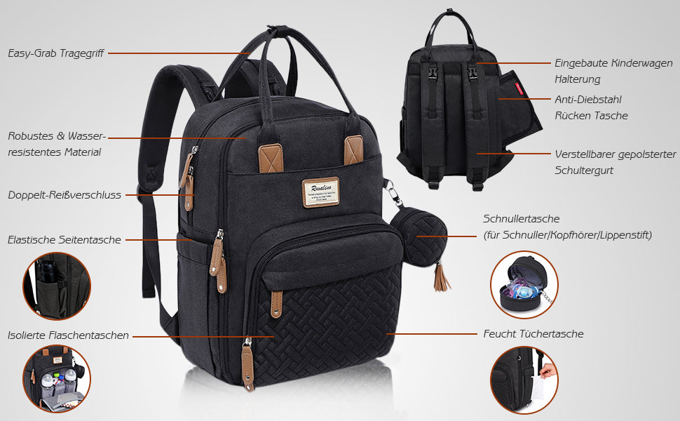 Baby Wickelrucksack Wickeltasche Rucksack mit tragbarer Wickelauflage, Schnullerhalter und Kinderwagengurten, Babytasche Multifunktional