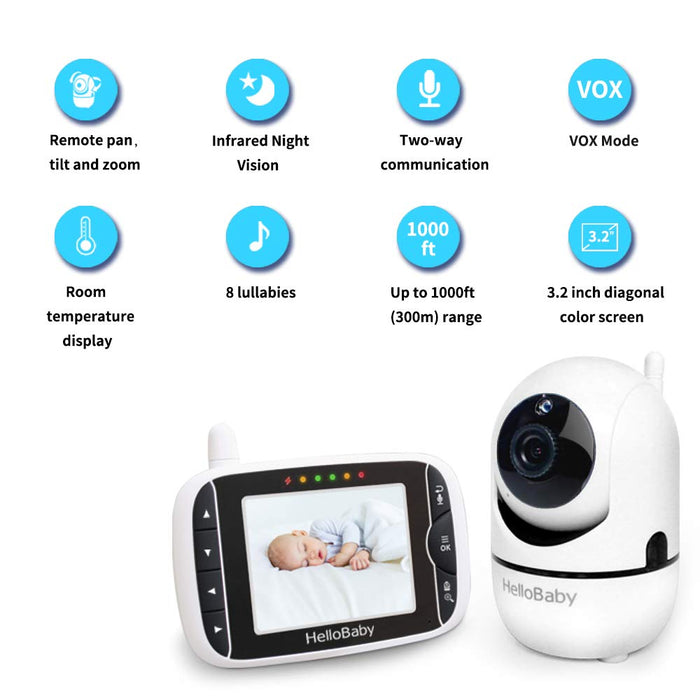 Babyphone, Hallo Babyphone mit Kamera und Audio, 3,2 '' LCD-Bildschirm, 355 ° horizontal und 120 ° vertikal drehen, VOX-Modus, Zwei-Wege-Audio