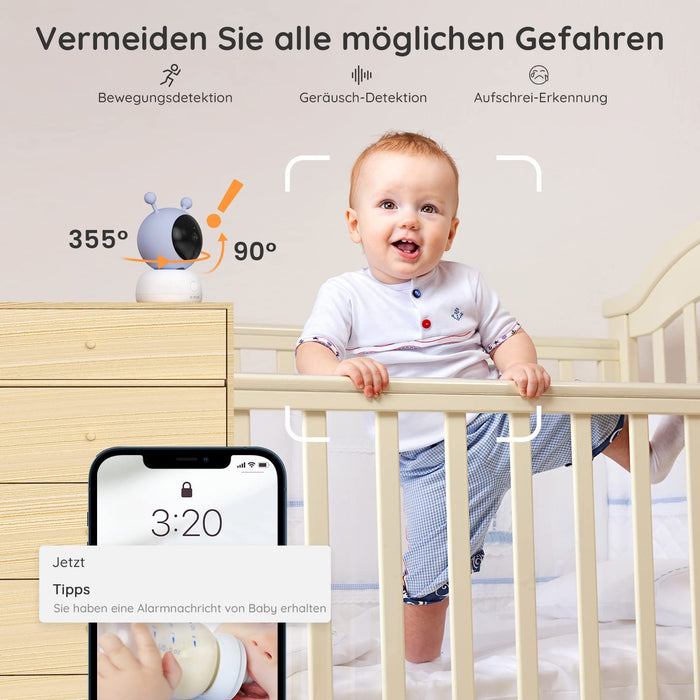 Babyphone mit Kamera 1080P, 5" Babyphone Video, PTZ 355°, Bewegungs- und Geräuscherkennung, Temperatur- und Luftfeuchtigkeitsüberwachung