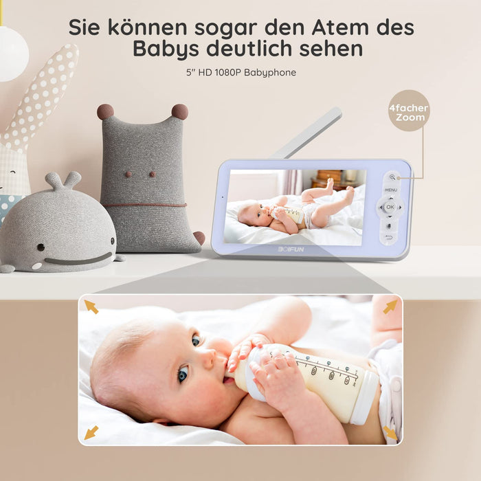 Babyphone mit Kamera 1080P, 5" Babyphone Video, PTZ 355°, Bewegungs- und Geräuscherkennung, Temperatur- und Luftfeuchtigkeitsüberwachung