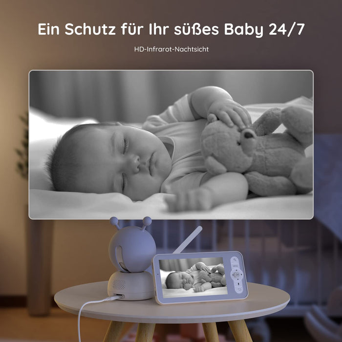 Babyphone mit Kamera 1080P, 5" Babyphone Video, PTZ 355°, Bewegungs- und Geräuscherkennung, Temperatur- und Luftfeuchtigkeitsüberwachung