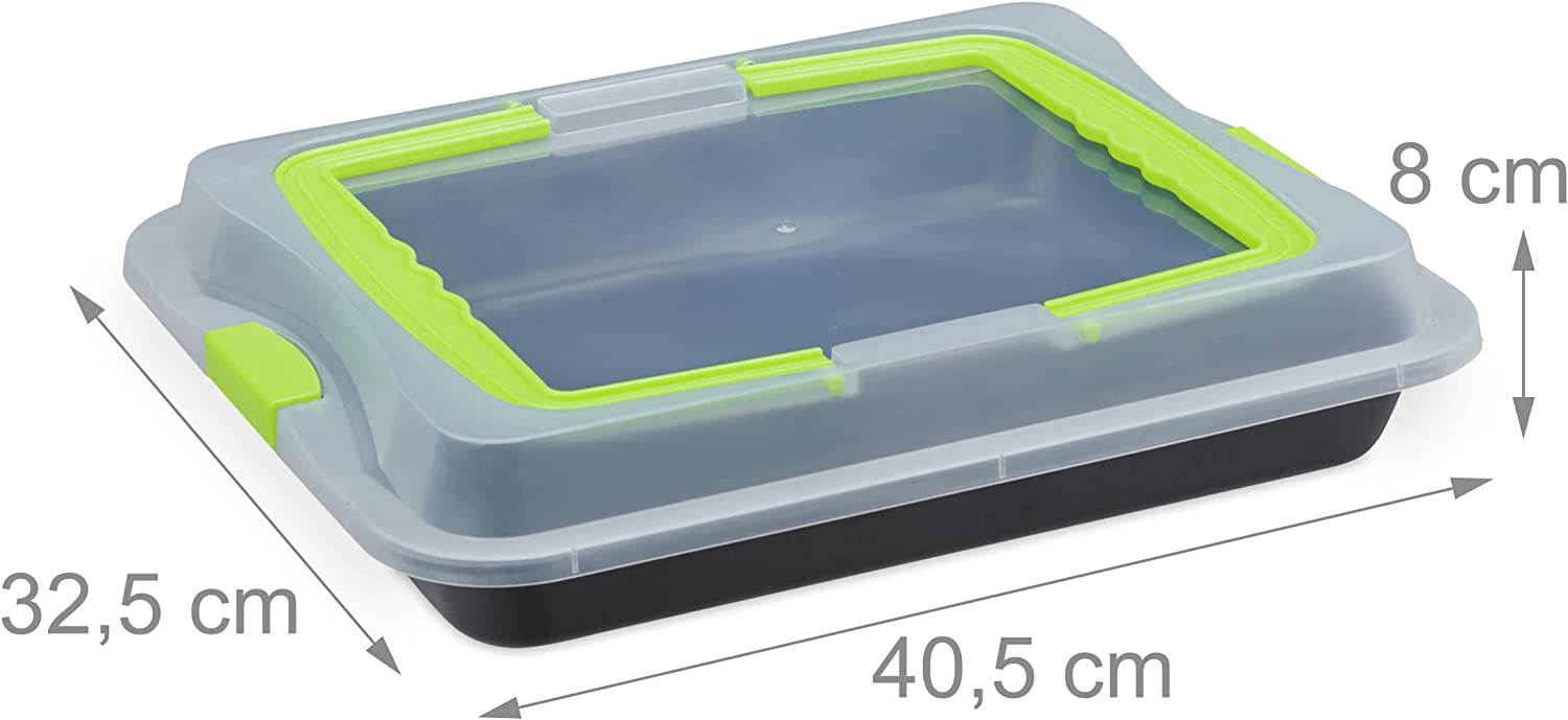Backblech mit Deckel, 3in1 Kuchen Transportbox, 40 x 32,5 cm, hoher Rand, Kuchenblech rechteckig, grün/schwarz