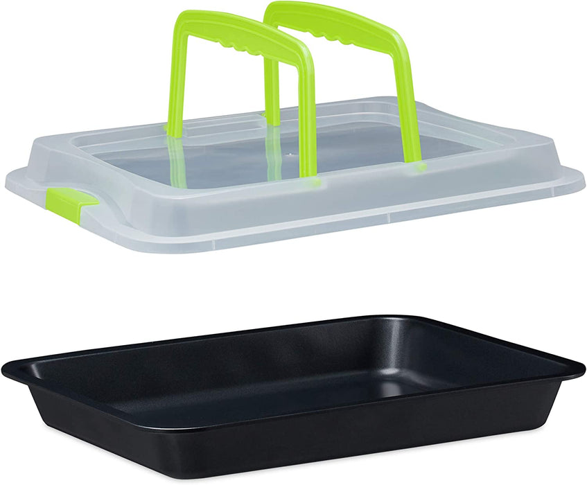Backblech mit Deckel, 3in1 Kuchen Transportbox, 40 x 32,5 cm, hoher Rand, Kuchenblech rechteckig, grün/schwarz