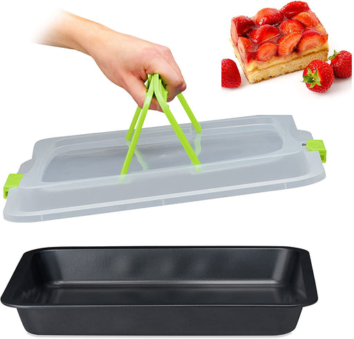 Backblech mit Deckel, 3in1 Kuchen Transportbox, 40 x 32,5 cm, hoher Rand, Kuchenblech rechteckig, grün/schwarz