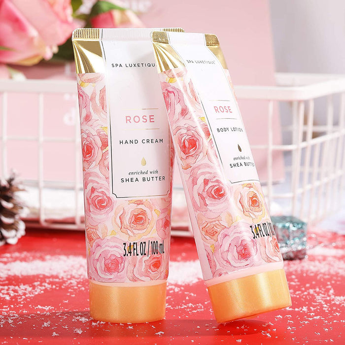 Bade Geschenkset SPA LUXETIQUE 10tlg Rosenduft Geschenke für Frauen mit Handtasche, Geburtstagsgeschenke Damen, Wellness set für Frauen
