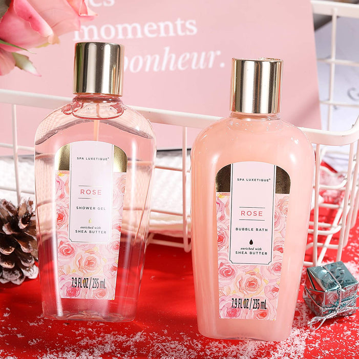 Bade Geschenkset SPA LUXETIQUE 10tlg Rosenduft Geschenke für Frauen mit Handtasche, Geburtstagsgeschenke Damen, Wellness set für Frauen
