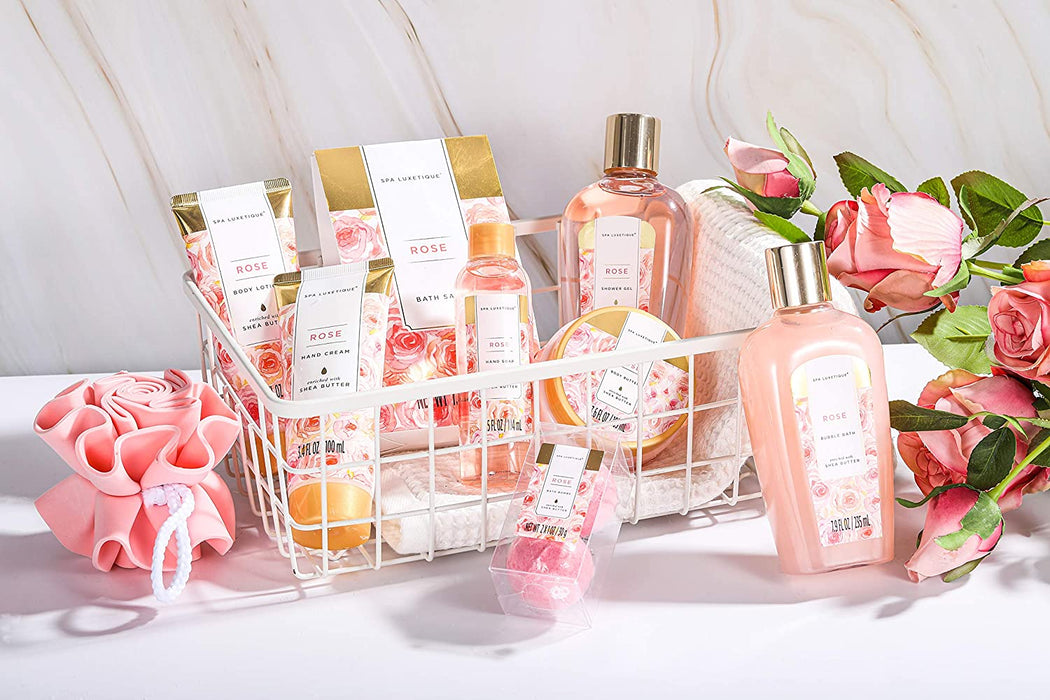 Bade Geschenkset SPA LUXETIQUE 10tlg Rosenduft Geschenke für Frauen mit Handtasche, Geburtstagsgeschenke Damen, Wellness set für Frauen