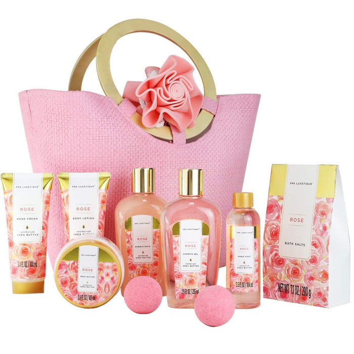 Bade Geschenkset SPA LUXETIQUE 10tlg Rosenduft Geschenke für Frauen mit Handtasche, Geburtstagsgeschenke Damen, Wellness set für Frauen