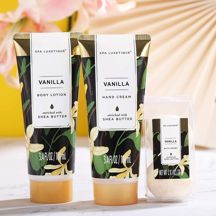 Bade Geschenkset für Frauen SPA LUXETIQUE 10 tlg. Set Vanilla Duft - Handcreme, Duschgel, Schaumbad, Bodylotion, Badesalz, Badeschwamm 