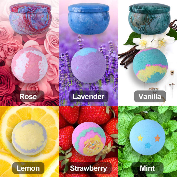 Badebomben Geschenkset Frauen (6 x 100g) mit 3 Duftkerze, Handgefertigte Badekugeln Bäder Geschenke für Frauen, Mama, Frau, Freundin