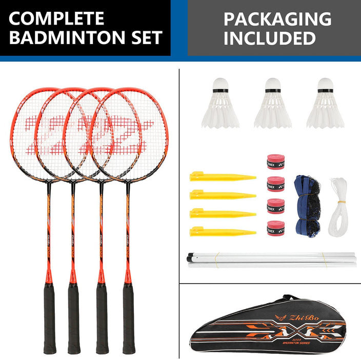  Badmintonschläger, Badmintonschläger Set mit 4 Badmintonschlägern und 3 Federbällen, Tragetasche, Kohlefaser Komplettes Badminton Set 