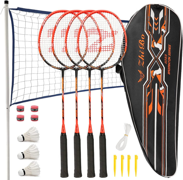  Badmintonschläger, Badmintonschläger Set mit 4 Badmintonschlägern und 3 Federbällen, Tragetasche, Kohlefaser Komplettes Badminton Set 