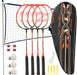  Badmintonschläger, Badmintonschläger Set mit 4 Badmintonschlägern und 3 Federbällen, Tragetasche, Kohlefaser Komplettes Badminton Set 