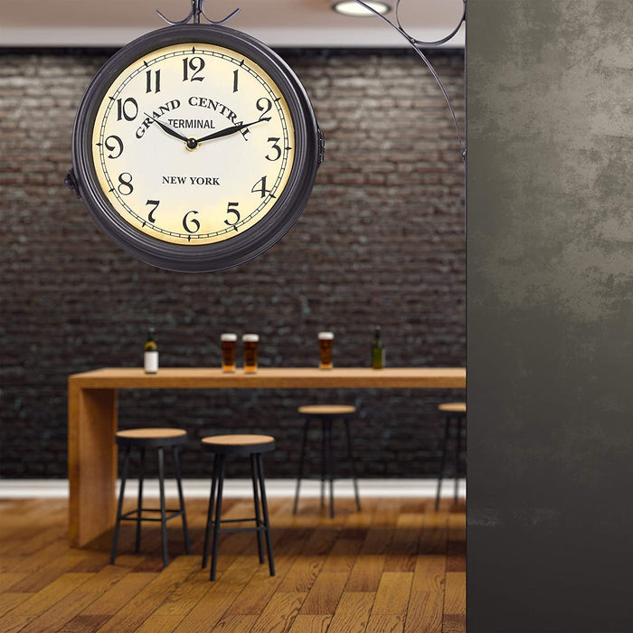Bahnhofsuhr doppelseitig, Batterie, Retro, New York, HBT 35 x 35 x 10 cm, zweiseitige Wanduhr Vintage, schwarz, Eisen