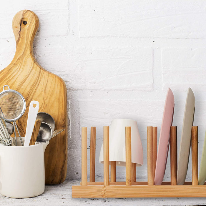 Bambus Abtropfgestell, länglich & modern, Wohnmobil, Tellerhalter, 8 Schneidebretter, Deckel & Teller, natur, 12 x 34 x 12.5 cm