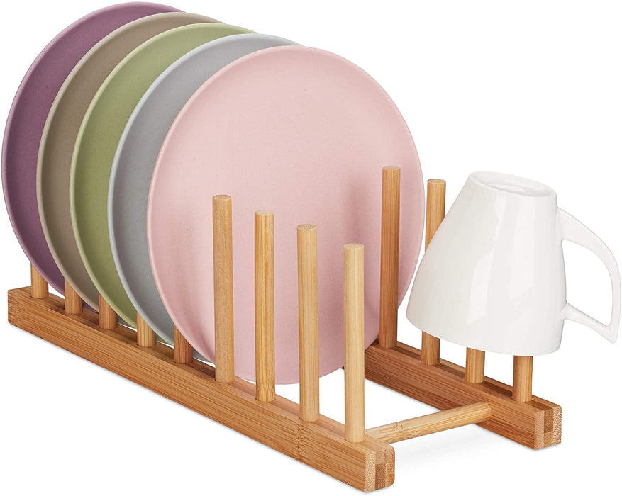 Bambus Abtropfgestell, länglich & modern, Wohnmobil, Tellerhalter, 8 Schneidebretter, Deckel & Teller, natur, 12 x 34 x 12.5 cm