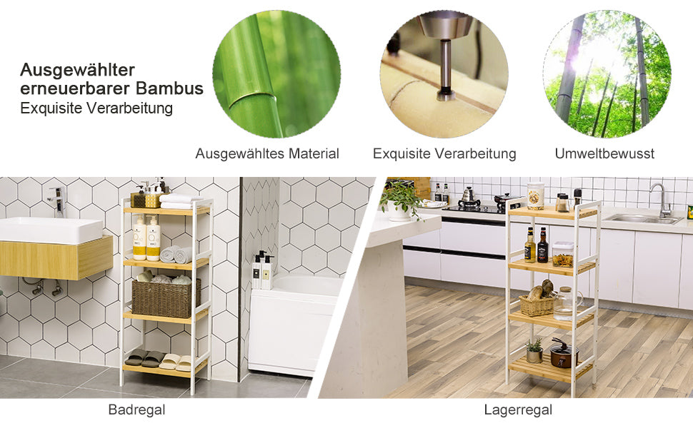 Bambusregal, Küchenregal, Badregal, Bücherregal, Standregal mit 4 Ablagen, 45 x 31,5 x 111 cm, für Bad, Küche, Wohnzimmer, Schlafzimmer, Balkon