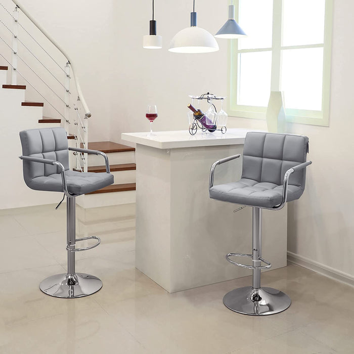 Barhocker 2er Set, höhenverstellbare, Barstuhl mit PU-Bezug, 360° Drehstuhl, Küchenstühle mit Armlehnen, Rückenlehne und Fußstütze, verchromter Stahl
