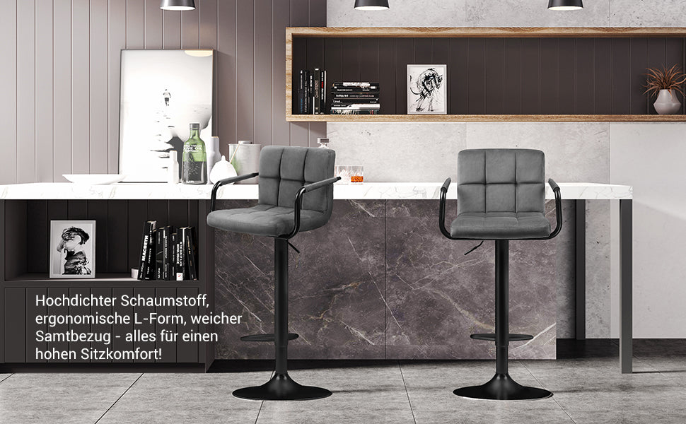 Barhocker, 2er Set Barstühle, mit Samtbezug, höhenverstellbar, Küchenstühle, Drehstühle mit Armlehnen, Rückenlehne und Fußstütze, Metall, dunkelgrau