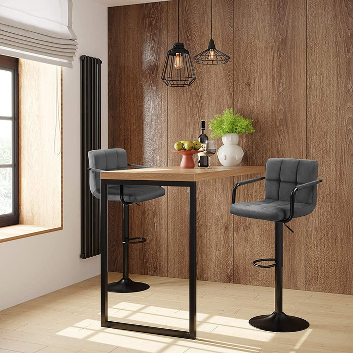 Barhocker, 2er Set Barstühle, mit Samtbezug, höhenverstellbar, Küchenstühle, Drehstühle mit Armlehnen, Rückenlehne und Fußstütze, Metall, dunkelgrau