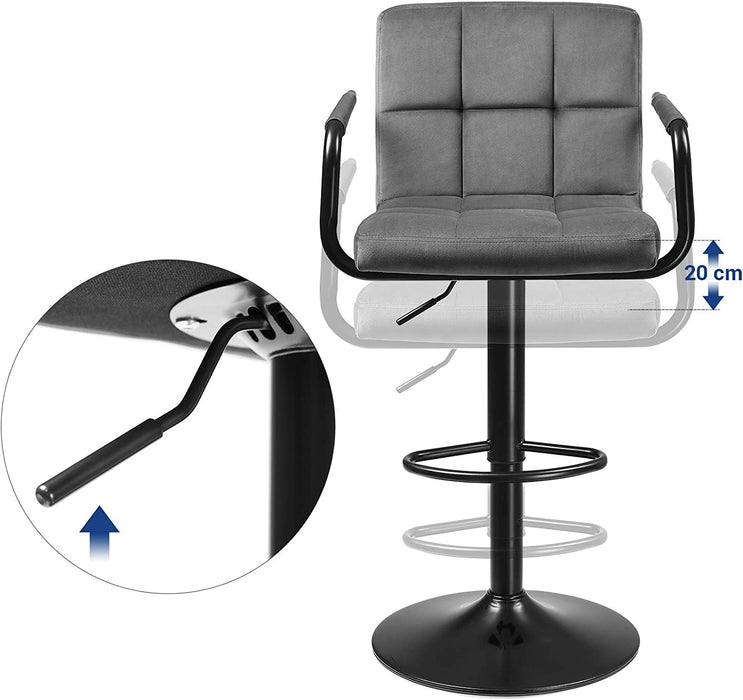 Barhocker, 2er Set Barstühle, mit Samtbezug, höhenverstellbar, Küchenstühle, Drehstühle mit Armlehnen, Rückenlehne und Fußstütze, Metall, dunkelgrau