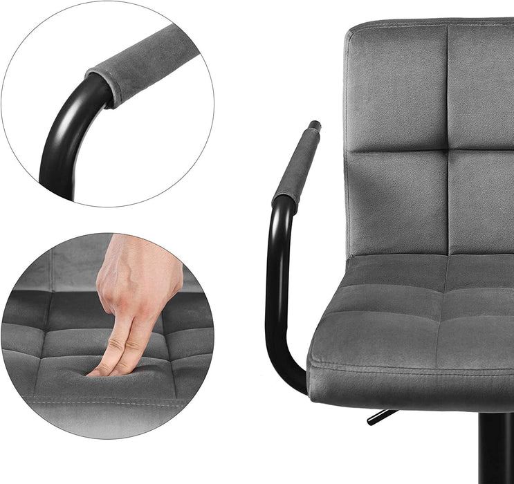 Barhocker, 2er Set Barstühle, mit Samtbezug, höhenverstellbar, Küchenstühle, Drehstühle mit Armlehnen, Rückenlehne und Fußstütze, Metall, dunkelgrau