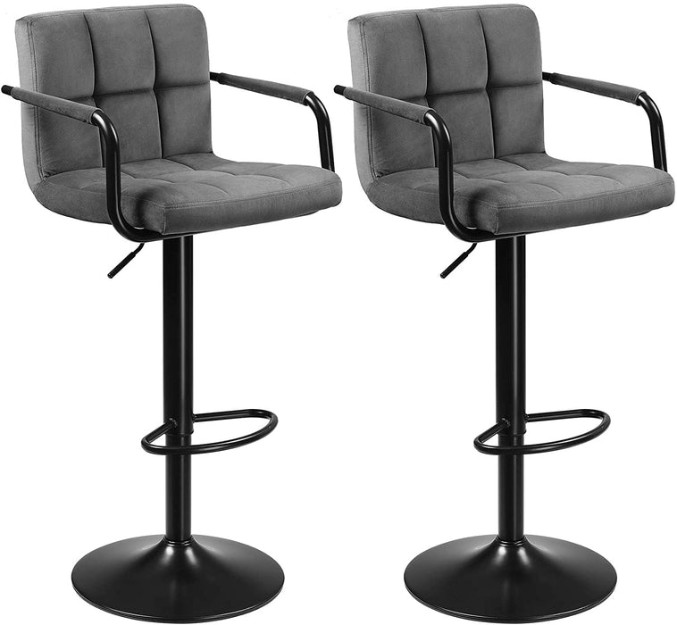 Barhocker, 2er Set Barstühle, mit Samtbezug, höhenverstellbar, Küchenstühle, Drehstühle mit Armlehnen, Rückenlehne und Fußstütze, Metall, dunkelgrau