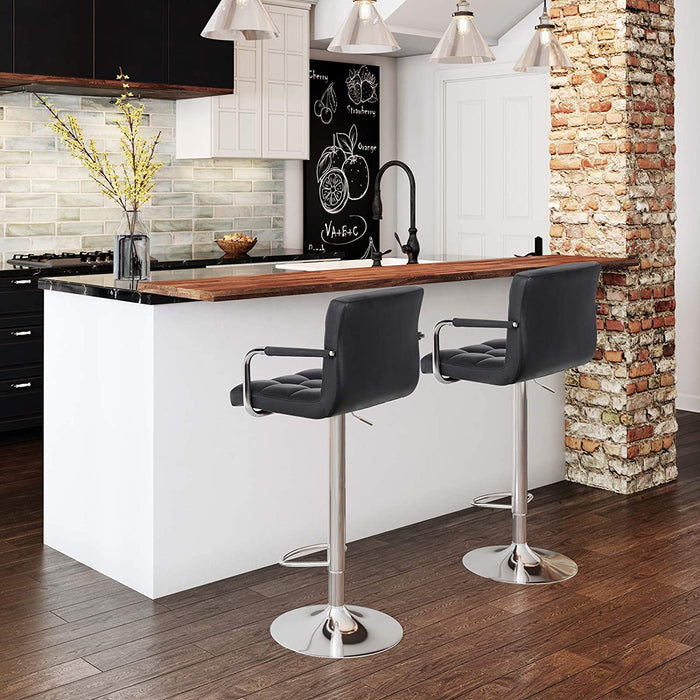 Barhocker, höhenverstellbarer Barstuhl, mit PU-Bezug, 360° Drehstuhl, Küchenstuhl mit Armlehnen, Rückenlehne und Fußstütze, verchromter Stahl, schwarz