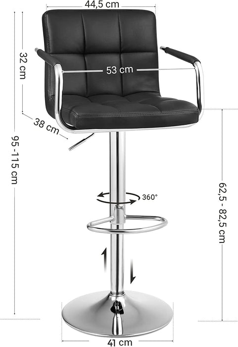 Barhocker, höhenverstellbarer Barstuhl, mit PU-Bezug, 360° Drehstuhl, Küchenstuhl mit Armlehnen, Rückenlehne und Fußstütze, verchromter Stahl, schwarz