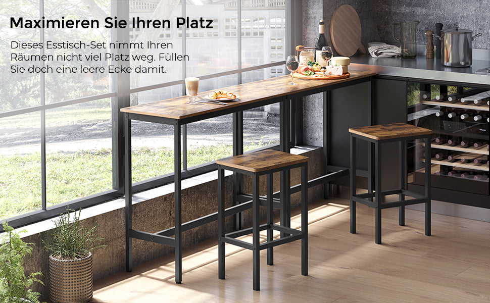 Bartisch mit Barhocker Set, Essgruppe, Stehtisch (100 x 40 x 90 cm) mit 2 Barhockern (je 30 x 40 x 65 cm), Industrie-Design, für Esszimmer, Wohnzimmer