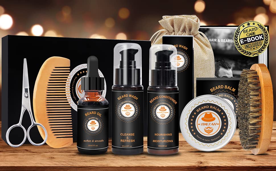 Bartpflege Set mit 60ML Bart Conditioner,60ML Bartshampoo,Bartöl,Bart Balsam Bartbürste, Bartschablonen, Bartkamm, Bartschere, Tasche, Bartpflegeset