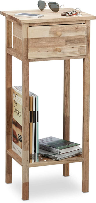 Beistelltisch Walnuss mit Schublade, 2 Ablagen Telefontisch, hoher Holztisch HxBxT 80 x 35 x30 cm, natur