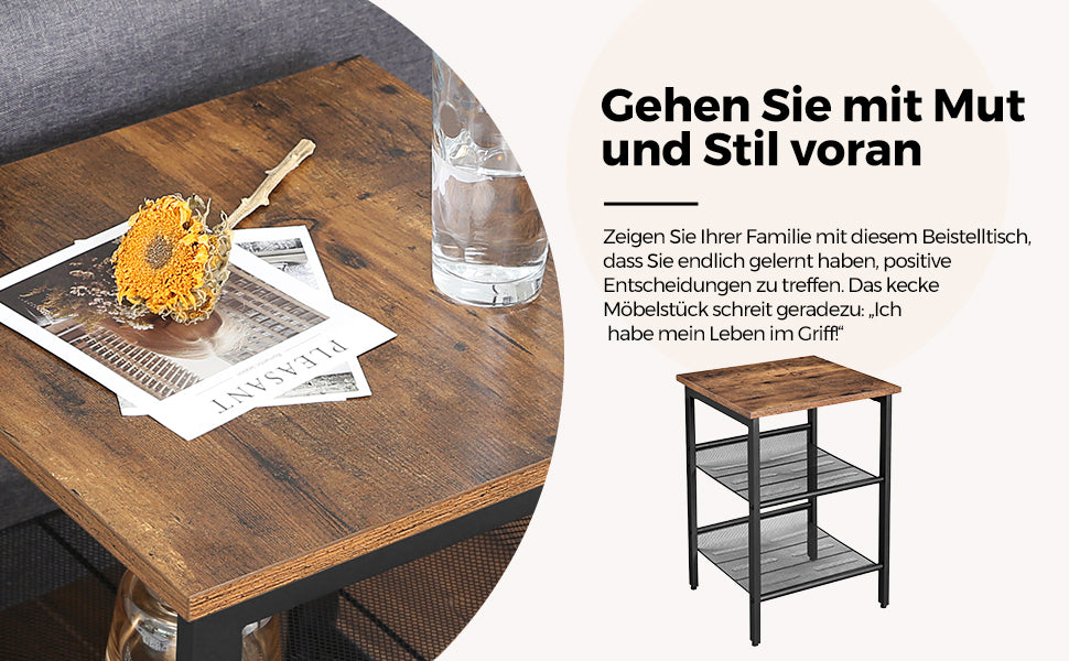 Beistelltisch, Nachttisch mit 2 verstellbaren Gitterablagen, Couchtisch im Industrie-Design, für Wohnzimmer, Schlafzimmer, Flur, Büro, stabil