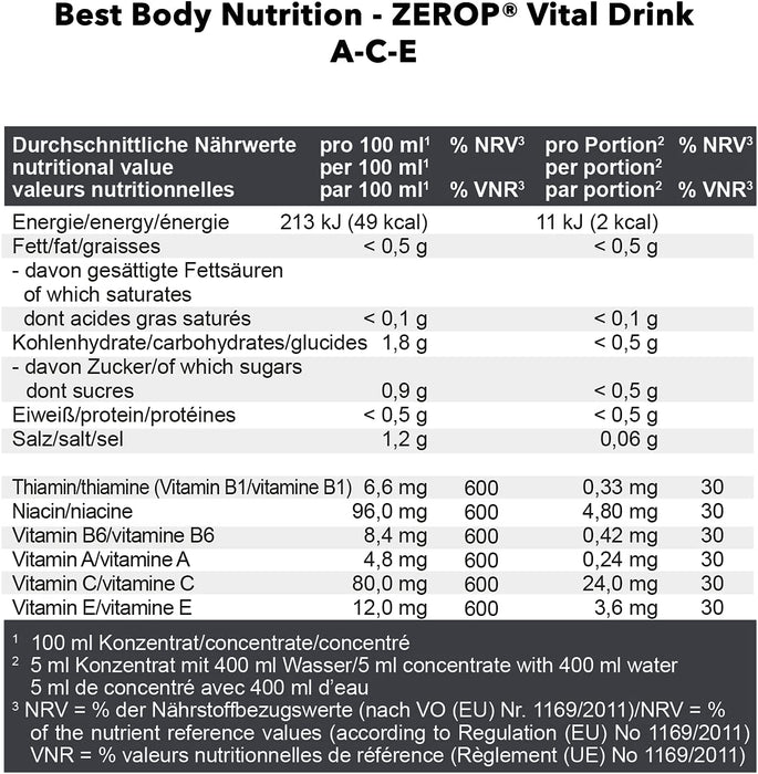 Best Body Nutrition Vital Drink ZEROP® - A-C-E, Original Getränkekonzentrat - Sirup - zuckerfrei, 1:80 ergibt 80 Liter Fertiggetränk, 1000 ml