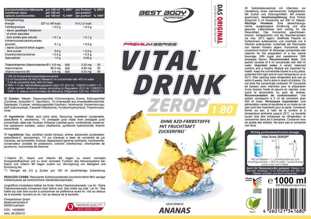 Best Body Nutrition Vital Drink ZEROP® - Ananas, Original Getränkekonzentrat - Sirup - zuckerfrei, 1:80 ergibt 80 Liter Fertiggetränk, 1000 ml