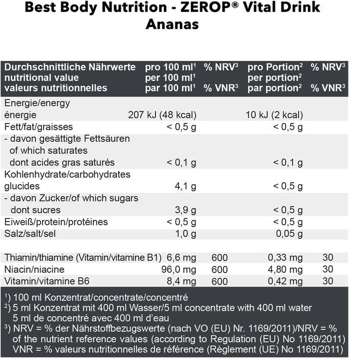 Best Body Nutrition Vital Drink ZEROP® - Ananas, Original Getränkekonzentrat - Sirup - zuckerfrei, 1:80 ergibt 80 Liter Fertiggetränk, 1000 ml