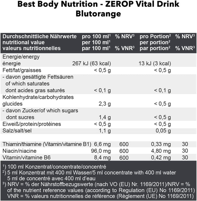 Best Body Nutrition Vital Drink ZEROP® - Blutorange, Original Getränkekonzentrat - Sirup - zuckerfrei, 1:80 ergibt 80 Liter Fertiggetränk, 1000 ml