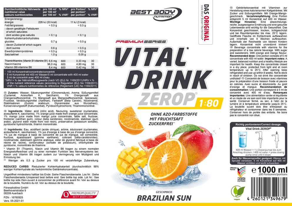 Best Body Nutrition Vital Drink ZEROP® - Brazilian Sun, Original Getränkekonzentrat - Sirup - zuckerfrei, 1:80 ergibt 80 Liter Fertiggetränk, 1000 ml