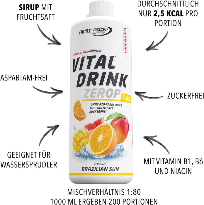 Best Body Nutrition Vital Drink ZEROP® - Brazilian Sun, Original Getränkekonzentrat - Sirup - zuckerfrei, 1:80 ergibt 80 Liter Fertiggetränk, 1000 ml