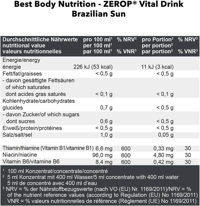 Best Body Nutrition Vital Drink ZEROP® - Brazilian Sun, Original Getränkekonzentrat - Sirup - zuckerfrei, 1:80 ergibt 80 Liter Fertiggetränk, 1000 ml