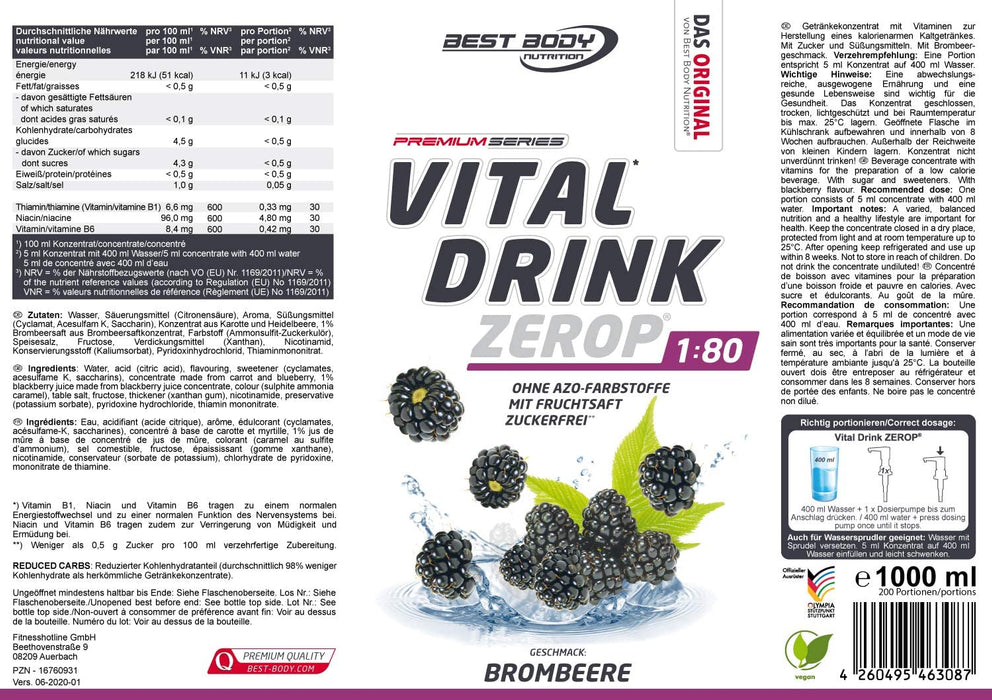 Best Body Nutrition Vital Drink ZEROP® - Brombeere, Original Getränkekonzentrat - Sirup - zuckerfrei, 1:80 ergibt 80 Liter Fertiggetränk, 1000 ml