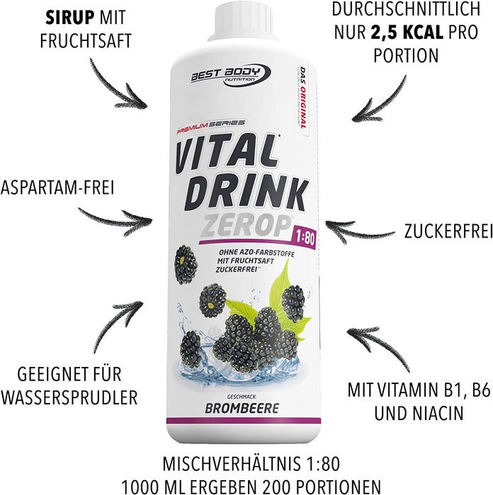 Best Body Nutrition Vital Drink ZEROP® - Brombeere, Original Getränkekonzentrat - Sirup - zuckerfrei, 1:80 ergibt 80 Liter Fertiggetränk, 1000 ml
