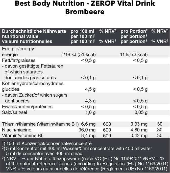 Best Body Nutrition Vital Drink ZEROP® - Brombeere, Original Getränkekonzentrat - Sirup - zuckerfrei, 1:80 ergibt 80 Liter Fertiggetränk, 1000 ml