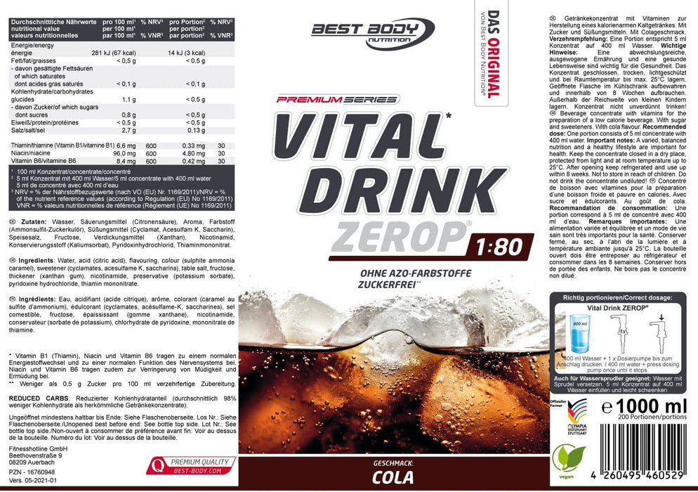 Best Body Nutrition Vital Drink ZEROP® - Cola, Original Getränkekonzentrat - Sirup - zuckerfrei, 1:80 ergibt 80 Liter Fertiggetränk, 1000 ml