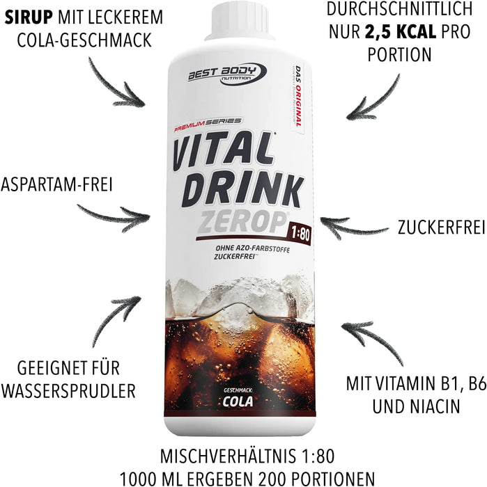 Best Body Nutrition Vital Drink ZEROP® - Cola, Original Getränkekonzentrat - Sirup - zuckerfrei, 1:80 ergibt 80 Liter Fertiggetränk, 1000 ml