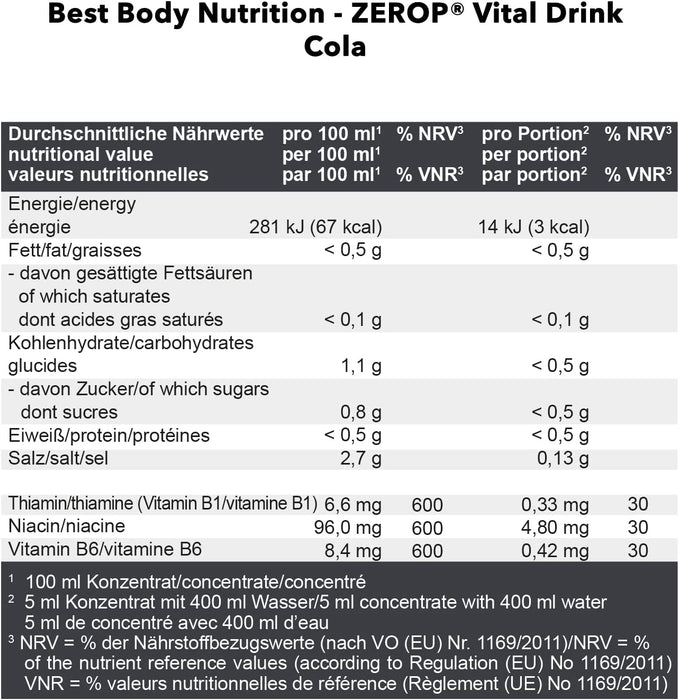 Best Body Nutrition Vital Drink ZEROP® - Cola, Original Getränkekonzentrat - Sirup - zuckerfrei, 1:80 ergibt 80 Liter Fertiggetränk, 1000 ml