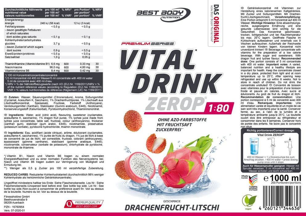 Best Body Nutrition Vital Drink ZEROP® - Drachenfrucht-Litschi, Original Getränkekonzentrat - Sirup - zuckerfrei, 1:80 ergibt 80 Liter Fertiggetränk