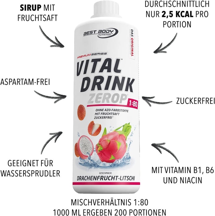 Best Body Nutrition Vital Drink ZEROP® - Drachenfrucht-Litschi, Original Getränkekonzentrat - Sirup - zuckerfrei, 1:80 ergibt 80 Liter Fertiggetränk