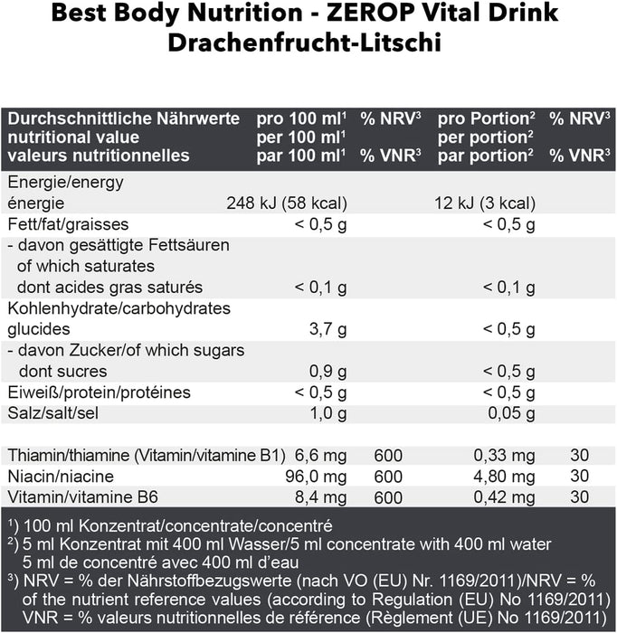Best Body Nutrition Vital Drink ZEROP® - Drachenfrucht-Litschi, Original Getränkekonzentrat - Sirup - zuckerfrei, 1:80 ergibt 80 Liter Fertiggetränk
