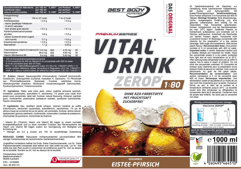Best Body Nutrition Vital Drink ZEROP® - Eistee-Pfirsich, Original Getränkekonzentrat - Sirup - zuckerfrei, 1:80 ergibt 80 Liter Fertiggetränk